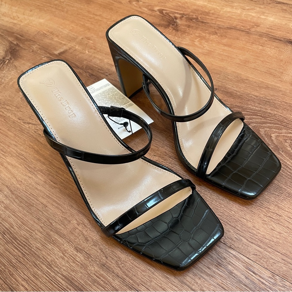 The Drop Square Toe Mule Heels 10 Black Crocodile NWT NEW New Years Christmas - Picture 2 of 5